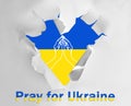 Pray For Ukraine. Ukrainian flag with illustration of hands, view through heart shaped hole in white paper with phrase Royalty Free Stock Photo