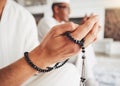 Prayer beads, Muslim person hands and Islamic faith, worship and trust in God with peace and religion. Devotion Royalty Free Stock Photo