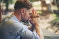 Prayer and bible concept. Caucasian man praying, hope for peace the world and free from coronavirus, Hand in hand together, Royalty Free Stock Photo