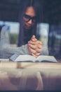 Prayer and bible concept. Caucasian man praying, hope for peace the world and free from coronavirus, Hand in hand together, Royalty Free Stock Photo