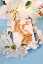 Prayer book and rosary for first holy communion Royalty Free Stock Photo