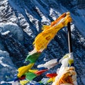 Prayer buddhist flags fluttering in the wind. Annapurna conservation area, Nepal Royalty Free Stock Photo