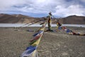 Prayer flag for blessing at viewpoint with Himalayas mountains and Pangong lake at Leh Ladakh in Jammu and Kashmir, India Royalty Free Stock Photo