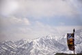 Prayer flag for blessing at viewpoint of Shanti Stupa on a hilltop in Chanspa while winter season at Leh Ladakh in Jammu and