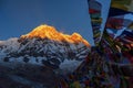 Prayer flags and Annapurna mountain range background from Annapurna Base Camp ,Nepal. Royalty Free Stock Photo