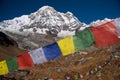 Prayer flags and Annapurna mountain range background from Annapurna Base Camp ,Nepal. Royalty Free Stock Photo