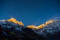 Prayer flags and Annapurna mountain range background from Annapurna Base Camp ,Nepal. Royalty Free Stock Photo