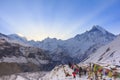 Prayer flags and Annapurna snow mountain of Himalaya, Nepal