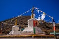 Prayer flags on big stupa with buddha eyes in Nepal Himalaya village Namche Bazar Royalty Free Stock Photo