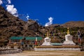 Prayer flags on big stupa with buddha eyes in Nepal in Namche Bazar village Royalty Free Stock Photo