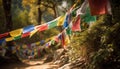 Prayer flags flutter in tranquil Tibetan mountain landscape, symbolizing spirituality generated by AI Royalty Free Stock Photo