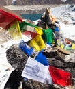 Prayer flags and Gokyo lake from Renjo pass Royalty Free Stock Photo