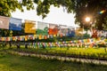 Prayer flags hanging at garden in Lumbini, Nepal Royalty Free Stock Photo