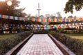 Prayer flags hanging at garden in Lumbini, Nepal Royalty Free Stock Photo