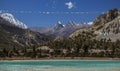 Prayer flags over mountain lake in Annapurna Circuit trail, Nepal.