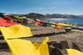 Prayer flags at Pangong Lake.Blur on foregroud. Royalty Free Stock Photo