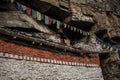 Prayer flags at Praken Gompa over Manang village Royalty Free Stock Photo