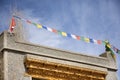 Prayer flags on roof of house at Leh Ladakh village at Himalayan valley in Jammu and Kashmir, India Royalty Free Stock Photo