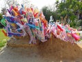 prayer flags on sand pagoda at temple in songkran festival.