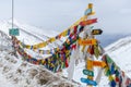 Prayer flags and a signpost along a high mountain pass in India Royalty Free Stock Photo