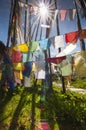 Sunshine and Prayer flags , Longta , wind horse, Bhutan Royalty Free Stock Photo