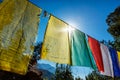 Prayer flags of Tibetan Buddhism with Buddhist mantra on it in Dharamshala monastery temple. India Royalty Free Stock Photo