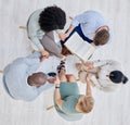 Prayer group, circle nd people holding hands above for religion support, faith and spiritual connection. Bible study