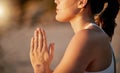 Prayer hands, yoga meditation and profile of woman outdoors for health and wellness. Zen chakra, pilates fitness and