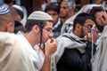 Prayer. Hasidim pilgrims in traditional clothes. Rosh ha Shana festival, Jewish New Year.