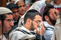 Prayer. Hasidim pilgrims in traditional clothes. Rosh ha Shana festival, Jewish New Year.