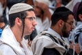 Prayer. Hasidim pilgrims in traditional clothes. Rosh ha Shana festival, Jewish New Year.