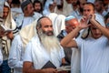 Prayer. Hasids pilgrims in traditional clothes. Rosh-ha-Shana festival, Jewish New Year.