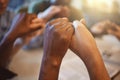 Prayer, holding hands, and group of Christian people with hope, support and faith, religion and spiritual praise Royalty Free Stock Photo