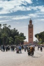 Prayer mosque Koutoubia in Marrakesh from avenue, Morocco, Africa Royalty Free Stock Photo