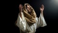 Prayer standing in dark appealing to god with raised hands, spiritual confession Royalty Free Stock Photo