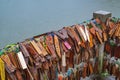 Prayer tags tied on the bridge in the Pilok mine village in kanchanaburi City Thailand.