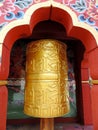 Prayer wheel at Lhakhang Karpo temple in Haa valley located in Paro, Bhutan Royalty Free Stock Photo