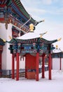 Prayer wheel on the territory of the Rinpoche Bagsha Buddhist Monastery in Ulan-Ude in the Republic of Buryatia, Russia