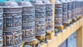 Prayer wheels in the buddhist temple Royalty Free Stock Photo