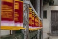 Prayer wheels spinning in a worship buddhist temple in Mongolia Royalty Free Stock Photo