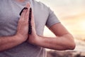 Prayer, yoga or hands in gratitude in nature or beach for relaxing, peaceful or calm freedom in Bali. God, meditation or Royalty Free Stock Photo