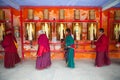 Prayers whirling prayer wheel in the Sertar buddhish college Royalty Free Stock Photo