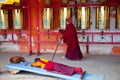 Prayers whirling prayer wheel in the Sertar buddhish college Royalty Free Stock Photo