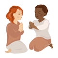 Praying African American and Caucasian children girl and boy. vector illustration.Religion, christianity, faith concept. Royalty Free Stock Photo