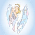 Praying Angel with blindfold and with hands put in entreaty on the blue background. Royalty Free Stock Photo