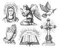 Faith in God, set. Praying angel, Hands in prayer, Christian cross, Bible book, Flying dove, Holy Maria