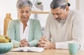 Praying, book and senior couple at home with bible study and religion together in marriage. Prayer, faith and elderly Royalty Free Stock Photo