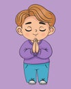 Praying boy with folded hands in prayer. Religious believer male child character. Kids collection. Royalty Free Stock Photo