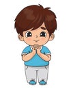 Praying boy in full growth with folded hands in prayer. Religious believer male child character. Kids collection. Royalty Free Stock Photo