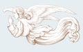 Praying flying Angel. Religious symbol of Christianity. Biblical illustrations in old engraving style.